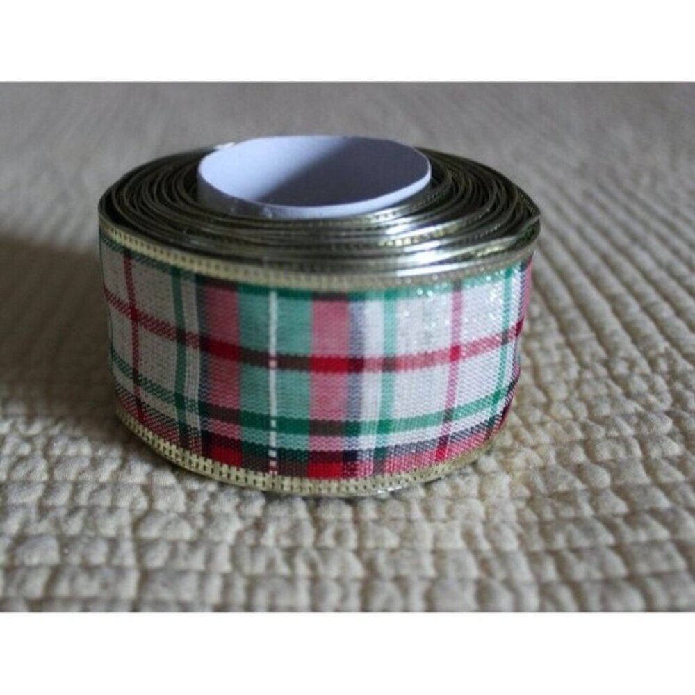 24 feet / 8 yards. Red & Green Plaid Checked Wired Ribbon w Gold Edges Christmas